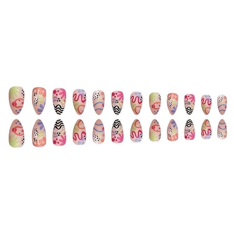 24pcs Matte Pink Swirl and Polka Dot Press On Nails Short Almond False Nails