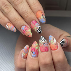 24pcs Matte Pink Swirl and Polka Dot Press On Nails Short Almond False Nails