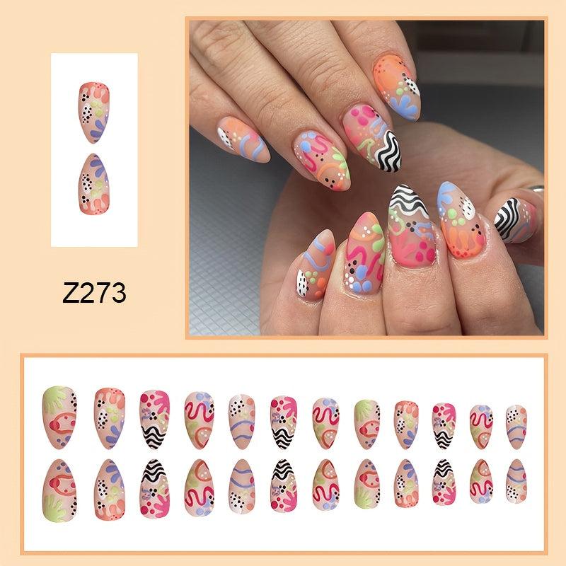 24pcs Matte Pink Swirl and Polka Dot Press On Nails Short Almond False Nails