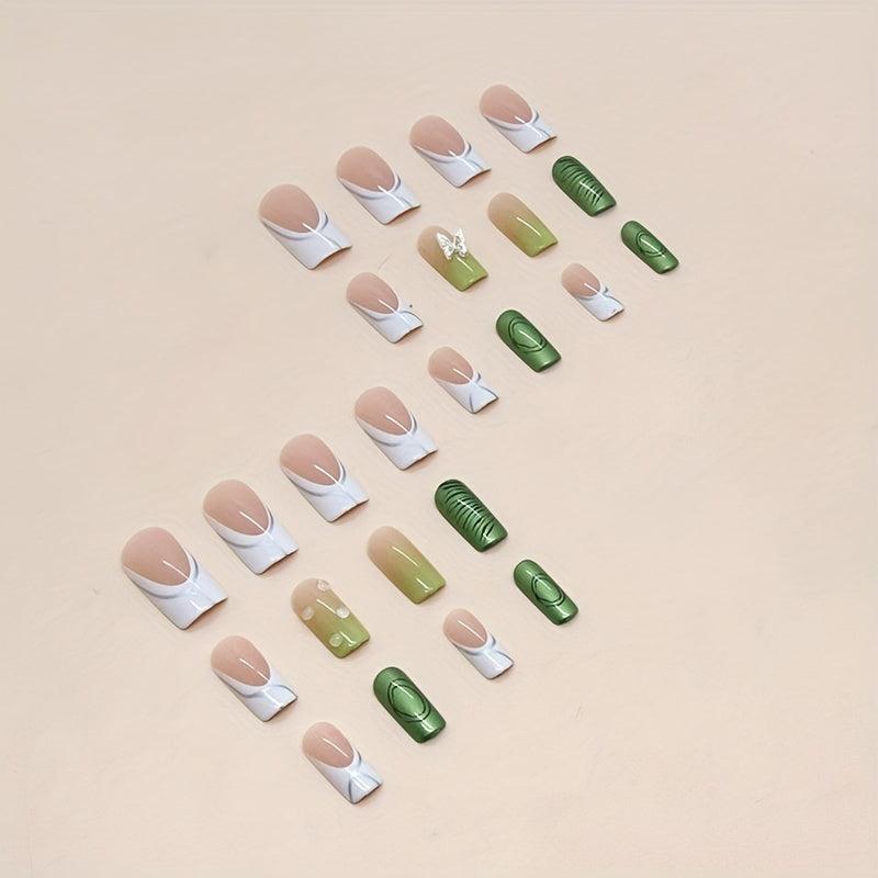 24pcs Butterfly Bubble Beads Press On Nails Medium Square False Nails Silver