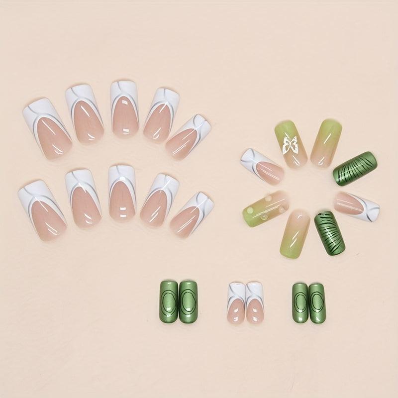 24pcs Butterfly Bubble Beads Press On Nails Medium Square False Nails Silver