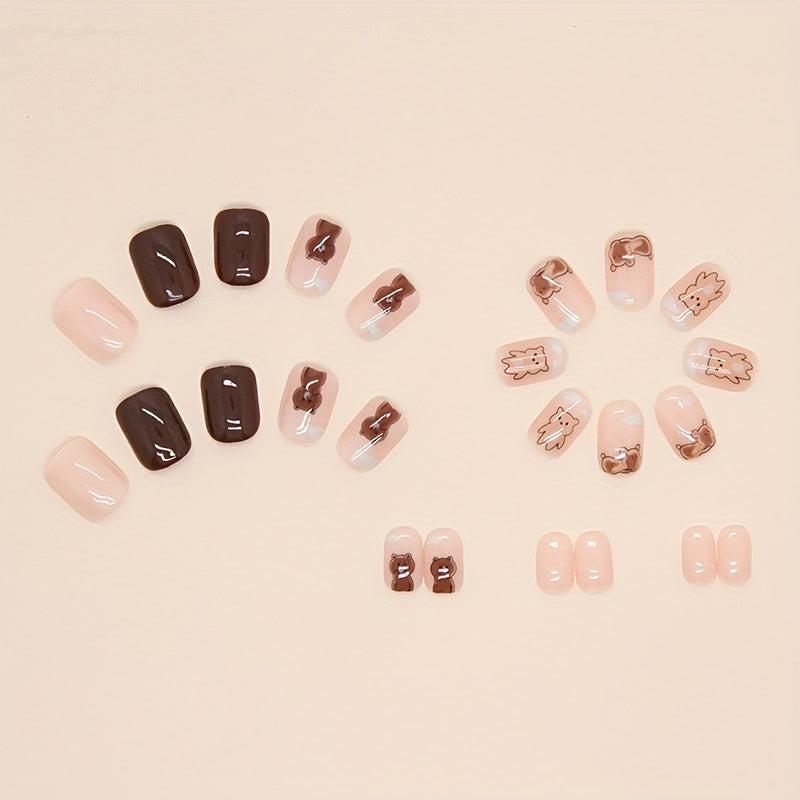 24pcs Brown Bear Press On Nails Glossy Full Cover False Nails