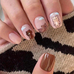 24pcs Brown Bear Press On Nails Glossy Full Cover False Nails