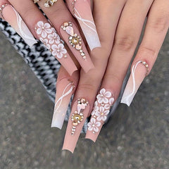 Sparkling French Ballet Press On Nails Rhinestone Coffin Glue Women's Nails