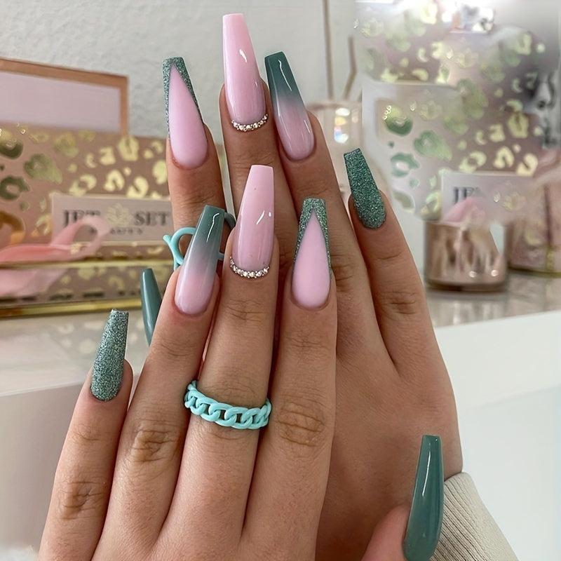 Sparkling French Ballet Press On Nails Rhinestone Coffin Glue Women's Nails
