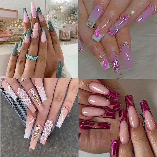 Sparkling French Ballet Press On Nails Rhinestone Coffin Glue Women's Nails