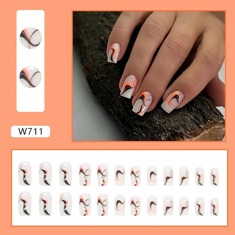 Matte Swirl Press On Nails Set for Women & Girls - Orange Pattern