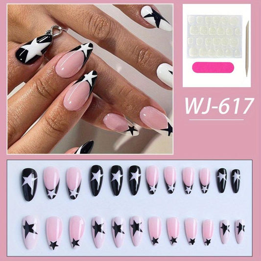 24pcs Star Glossy French Tip Press On Nails Medium False Nails