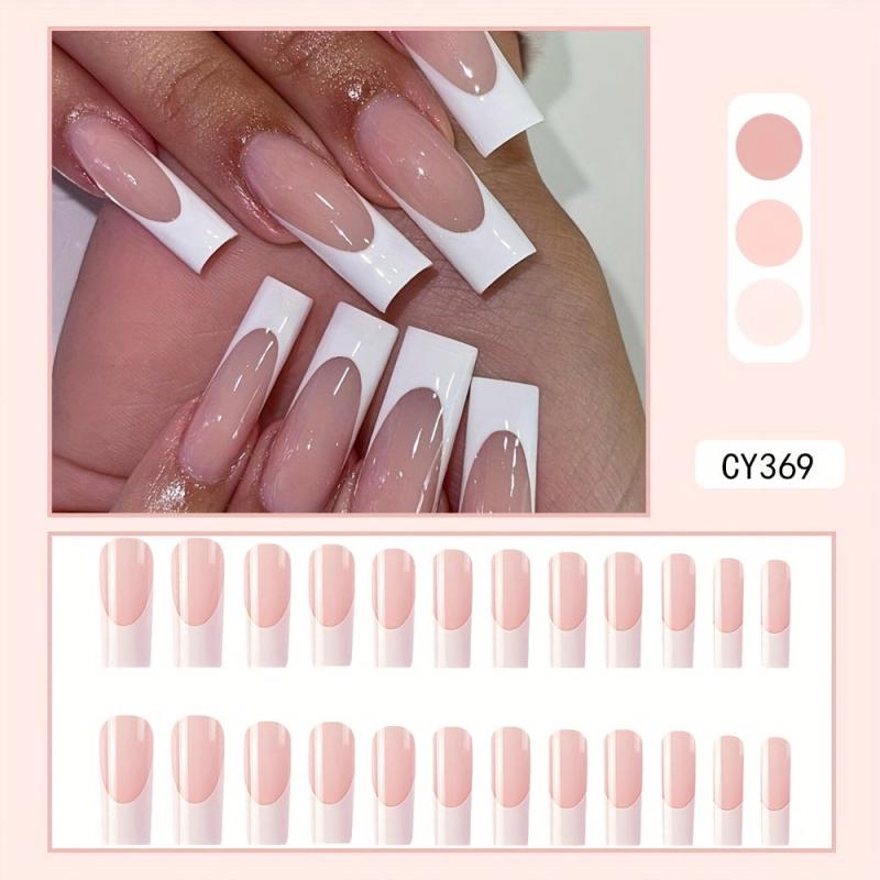 24 pcs Pink Glossy C Curve Press On Nails Reusable French Style False Nails