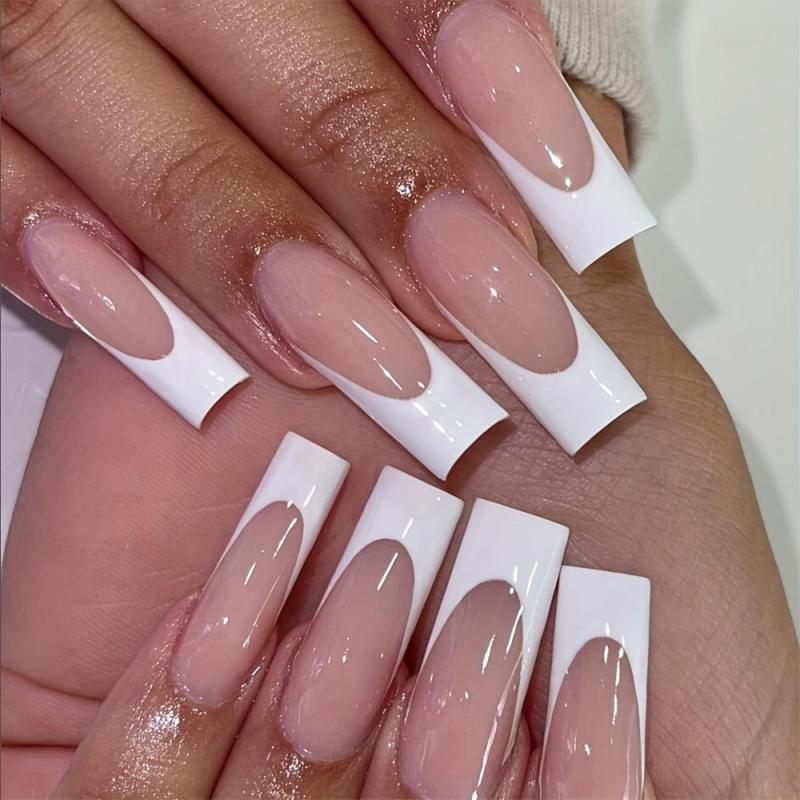 24 pcs Pink Glossy C Curve Press On Nails Reusable French Style False Nails