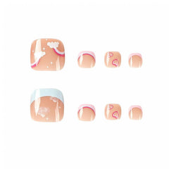 24pcs Pink French Tip Press On Toenails with Rainbow Heart Star Flower Designs