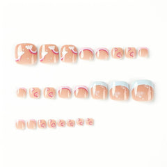 24pcs Pink French Tip Press On Toenails with Rainbow Heart Star Flower Designs