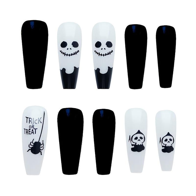 Gothic Coffin False Nails Acrylic Skull Spider Halloween Nail Art DIY