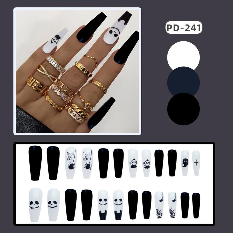 Gothic Coffin False Nails Acrylic Skull Spider Halloween Nail Art DIY