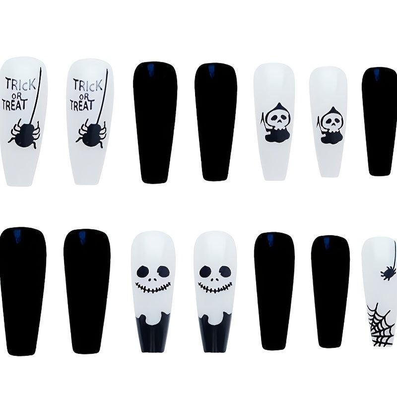 Gothic Coffin False Nails Acrylic Skull Spider Halloween Nail Art DIY