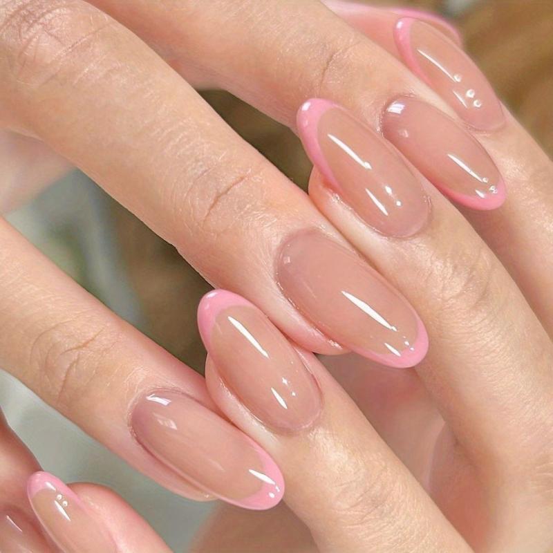 24pcs Pink French Tip Press On Nails Oval False Nails for Women and Girls