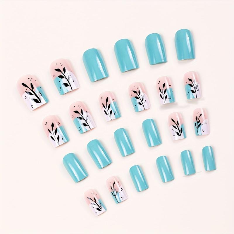 24pcs Lake Green Press On Nails with Leaves Branch Short Square False Nails