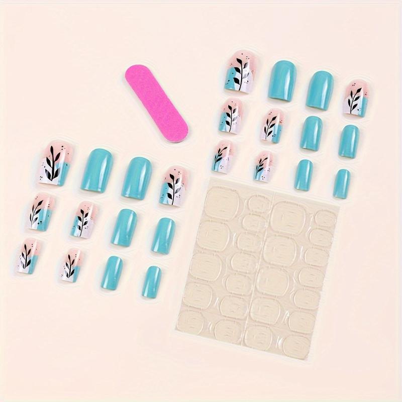 24pcs Lake Green Press On Nails with Leaves Branch Short Square False Nails