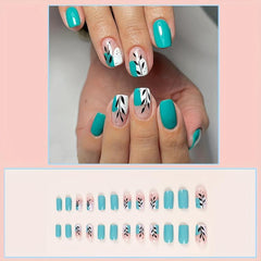 24pcs Lake Green Press On Nails with Leaves Branch Short Square False Nails