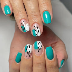24pcs Lake Green Press On Nails with Leaves Branch Short Square False Nails