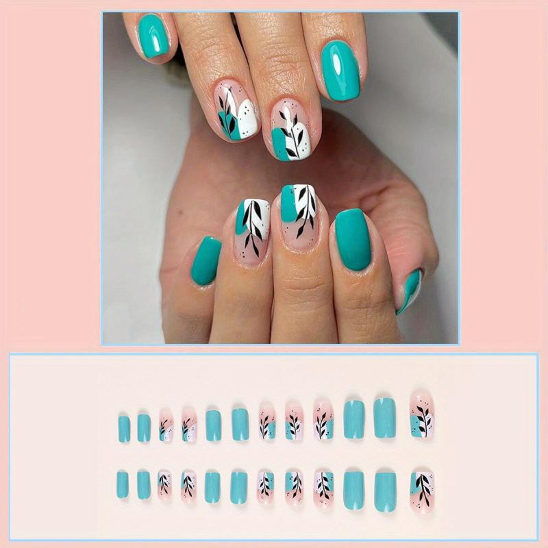 24pcs Lake Green Press On Nails with Leaves Branch Short Square False Nails