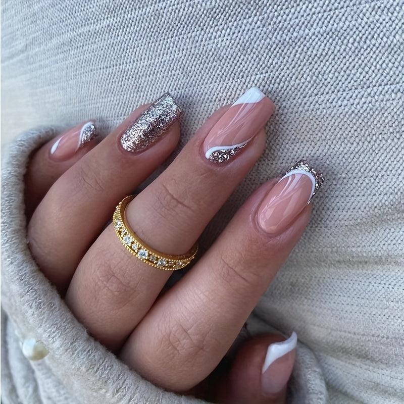 24pcs French Edge Glitters Press On Nails Nude Acrylic Square/French Tips