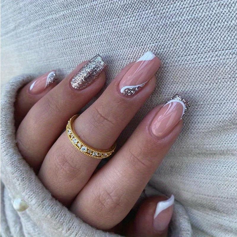 24pcs French Edge Glitters Press On Nails Nude Acrylic Square/French Tips