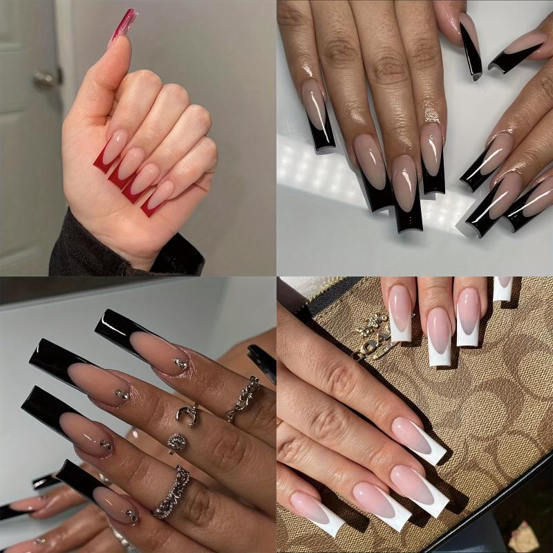 24Pcs Square Ballet Coffin False Nails & Burgundy French Press On Nails Set