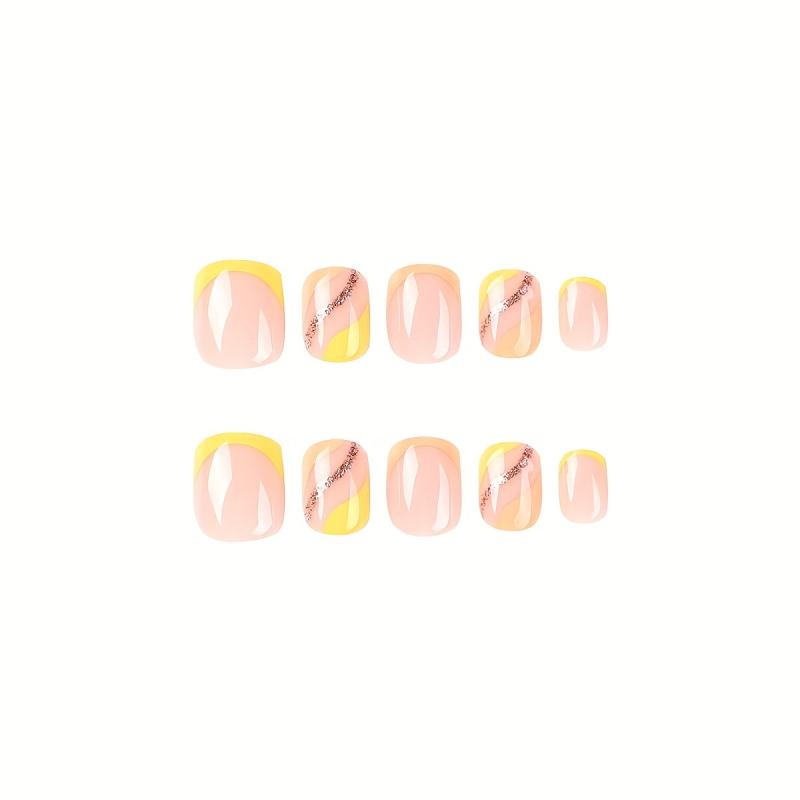 24pcs Yellow French Tip Press On Nails Orange Glitter Short Square False Nails
