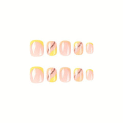 24pcs Yellow French Tip Press On Nails Orange Glitter Short Square False Nails