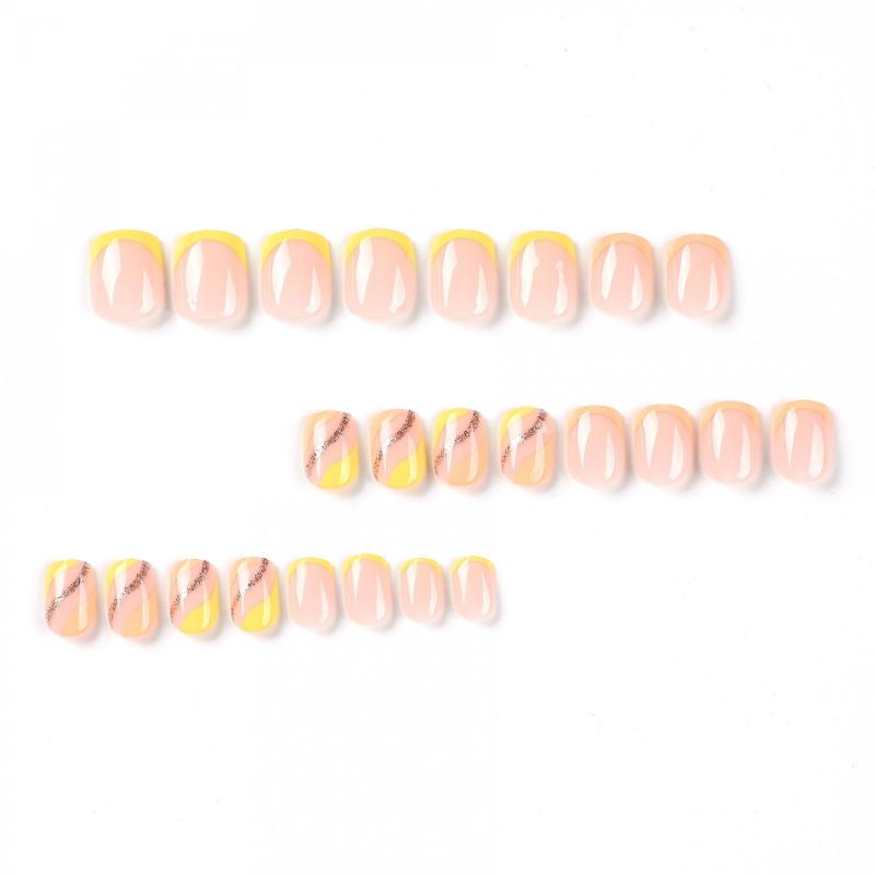 24pcs Yellow French Tip Press On Nails Orange Glitter Short Square False Nails