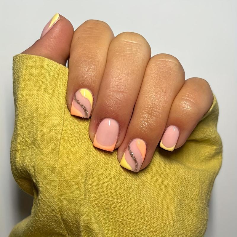 24pcs Yellow French Tip Press On Nails Orange Glitter Short Square False Nails