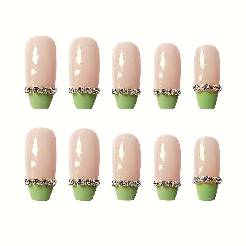 24pcs Green Chain Press On Nails for Women French Ballet Acrylic Nails
