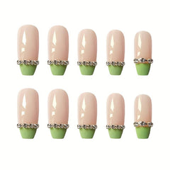 24pcs Green Chain Press On Nails for Women French Ballet Acrylic Nails
