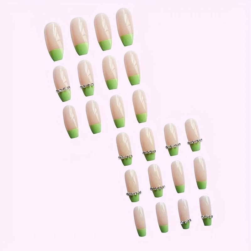 24pcs Green Chain Press On Nails for Women French Ballet Acrylic Nails