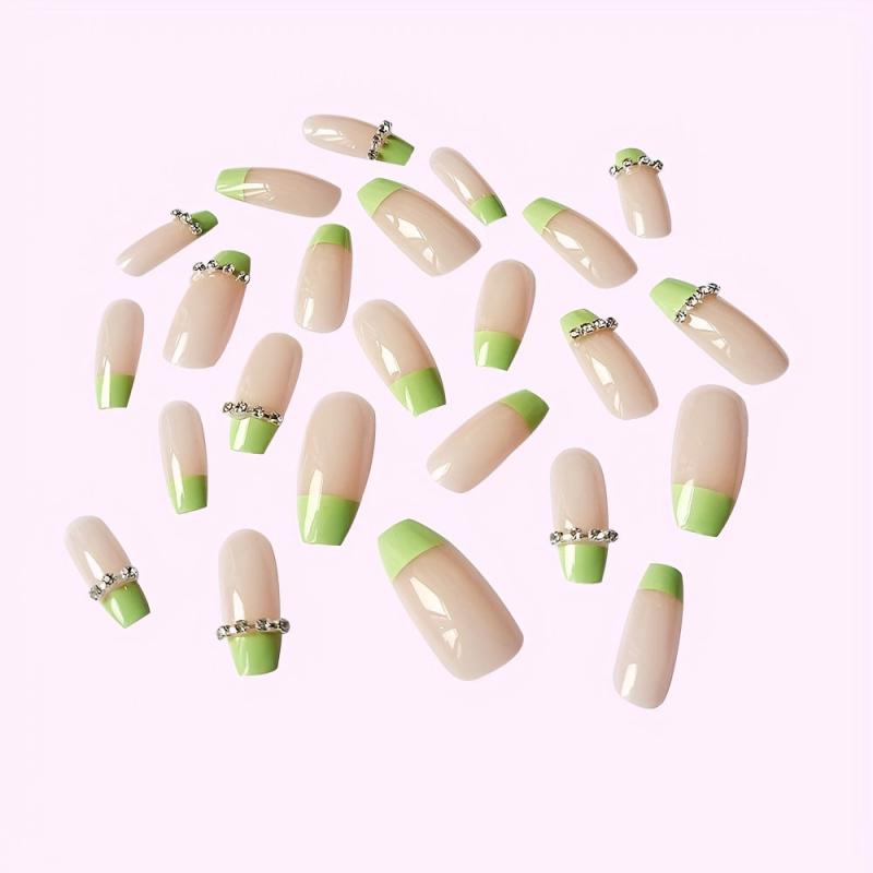 24pcs Green Chain Press On Nails for Women French Ballet Acrylic Nails