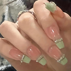 24pcs Green Chain Press On Nails for Women French Ballet Acrylic Nails