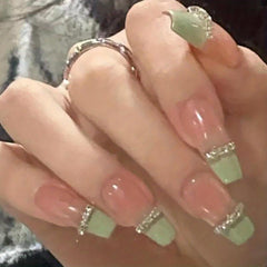 24pcs Green Chain Press On Nails for Women French Ballet Acrylic Nails