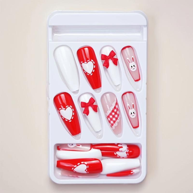 Long Acrylic Nails with Heart Bow Rabbit Designs