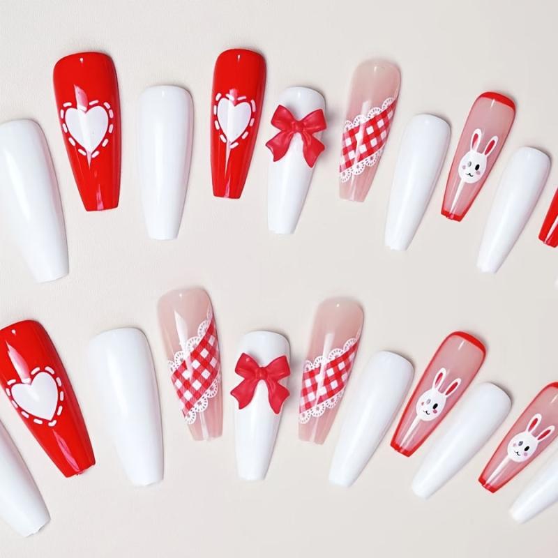 Long Acrylic Nails with Heart Bow Rabbit Designs
