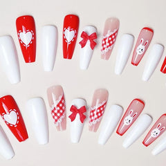 Long Acrylic Nails with Heart Bow Rabbit Designs