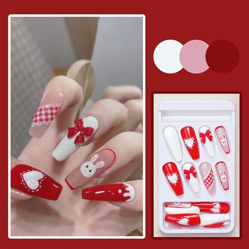 Long Acrylic Nails with Heart Bow Rabbit Designs