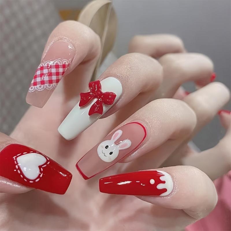 Long Acrylic Nails with Heart Bow Rabbit Designs