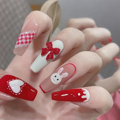 Long Acrylic Nails with Heart Bow Rabbit Designs