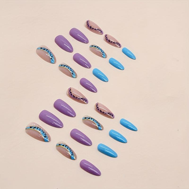 24pcs Glossy Purple Leopard & Gold Glitter Press On Nails for Women & Girls