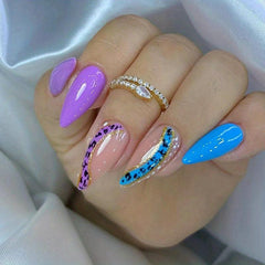 24pcs Glossy Purple Leopard & Gold Glitter Press On Nails for Women & Girls