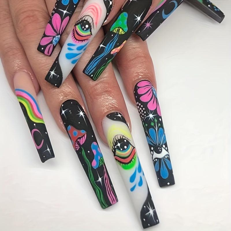 Halloween Press On Nails Mix Marble Flower Mushroom Devil Eye Coffin Glue Tabs