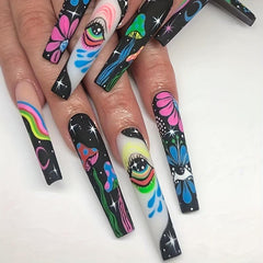 Halloween Press On Nails Mix Marble Flower Mushroom Devil Eye Coffin Glue Tabs