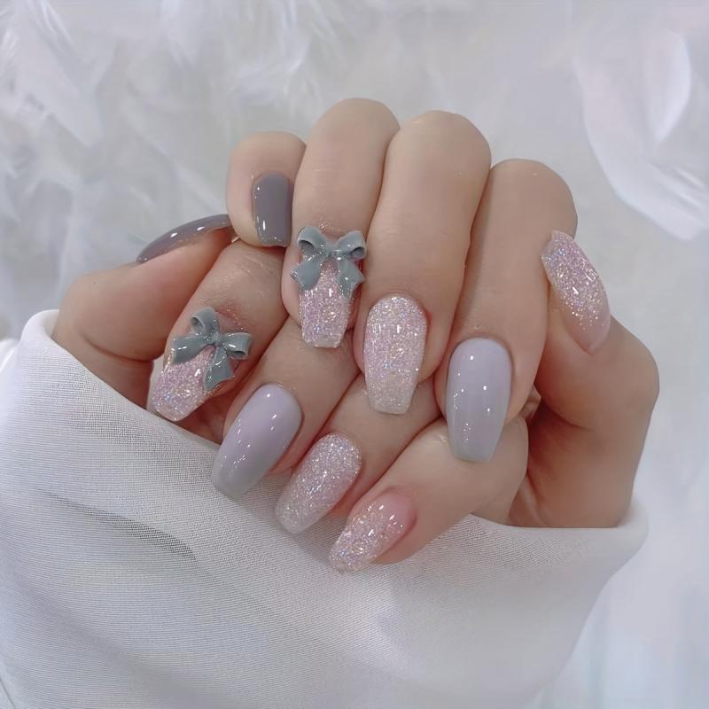 Black and Pink Press On Nails with Bow Tie
