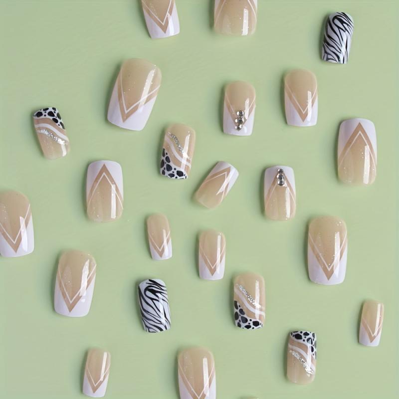 French Square Press On Nails w/ Line Designs & Glitter Rhinestones - Halloween